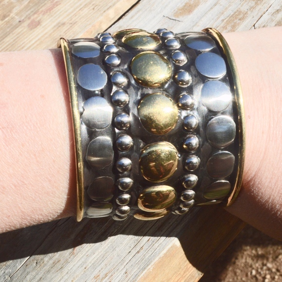 Anti Culture Jewelry - Biker Cuff Silver Brass Wide Bracelet Stud Studded